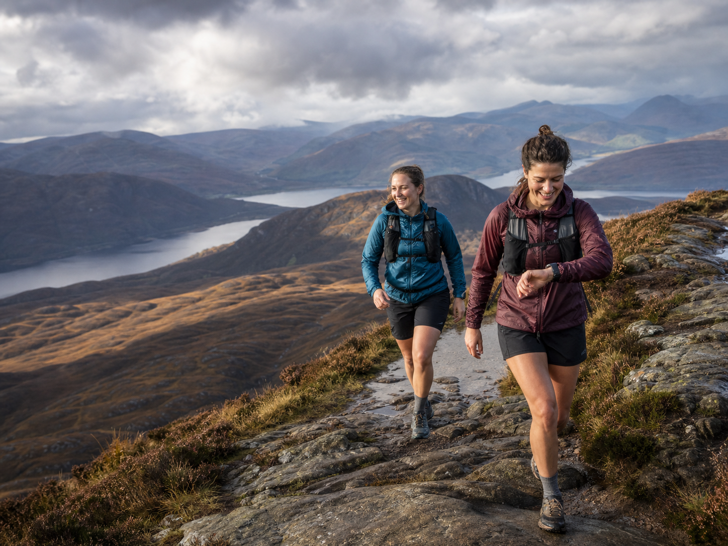 Two friends moving along a Highland ridge while one glances at their watch