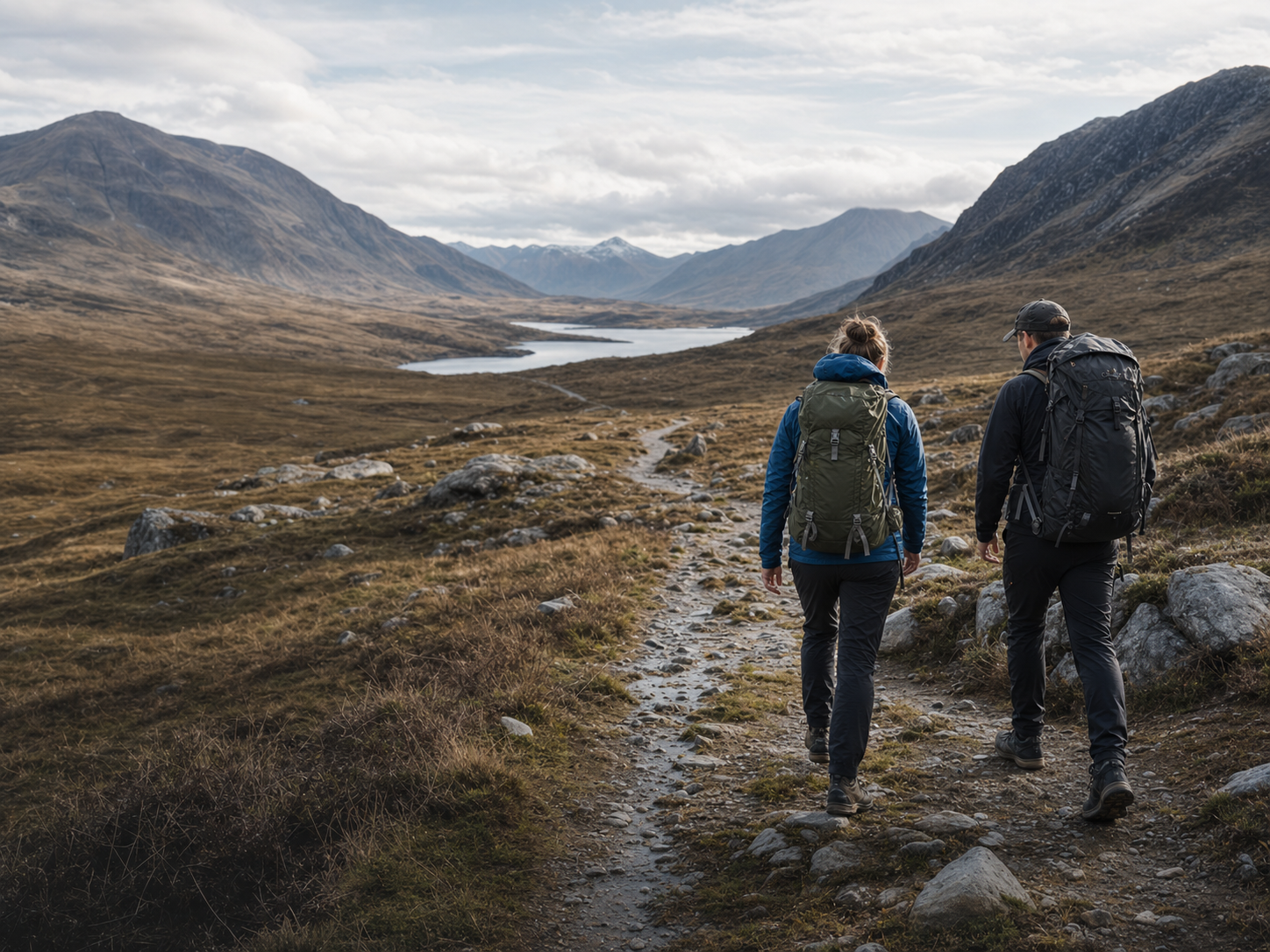 Two backpackers beginning a long-distance walk through a Highland glen